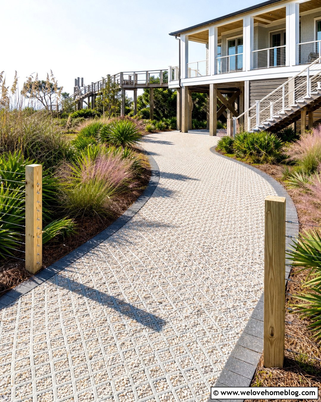 Elevated Beach House Driveway Entrance With Permeable Grid - 20 Beach House Driveway Entrance Ideas
