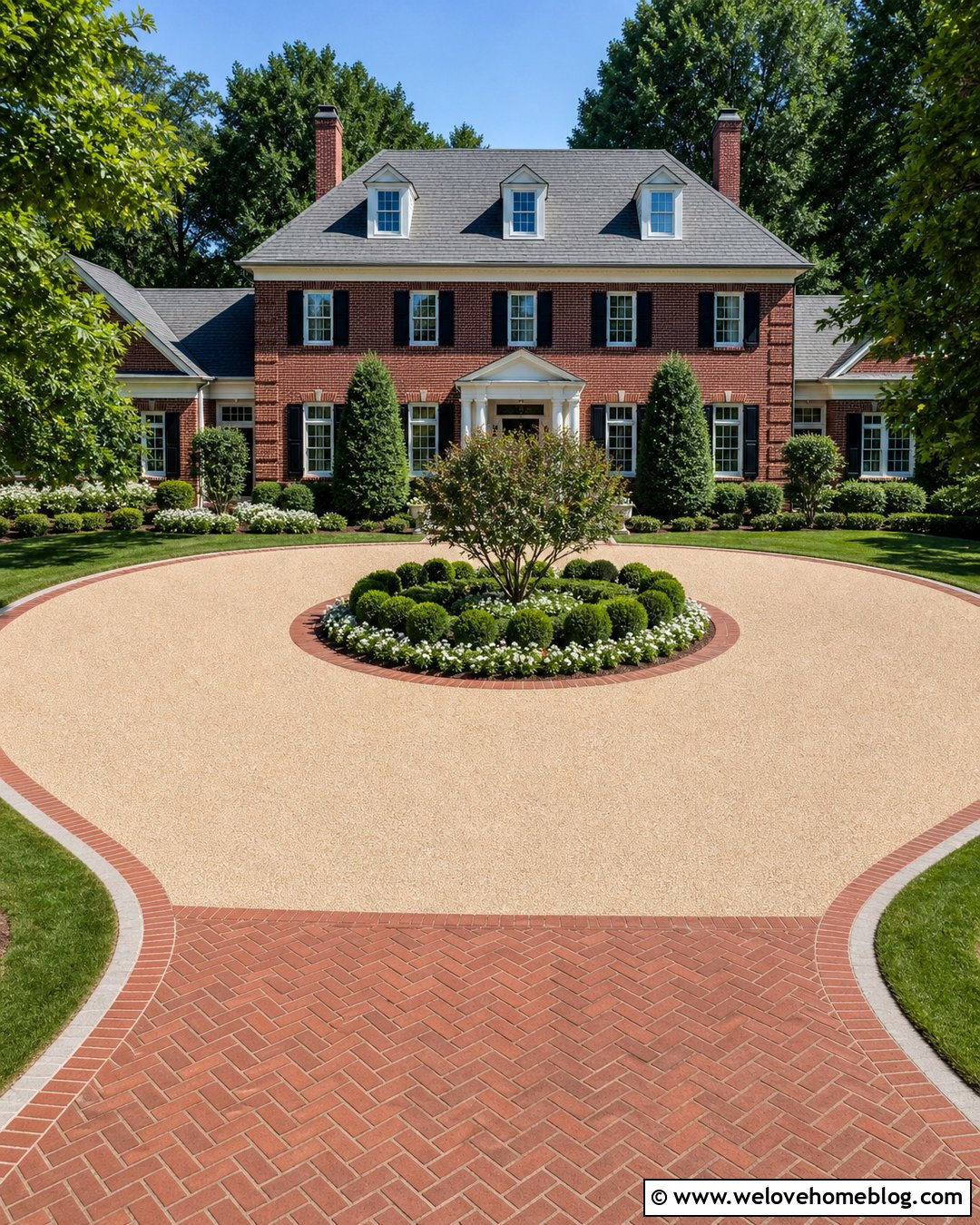 Epoxy Stone Circular Driveway With Brick Aprons - 20 Epoxy Stone Driveway Ideas