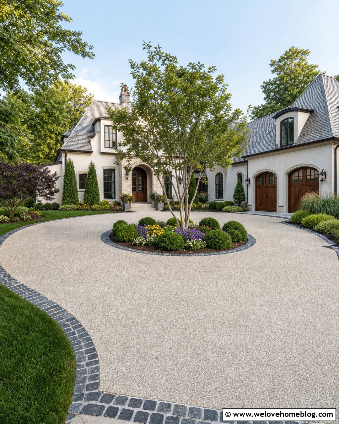 Epoxy Stone Parking Court With Circular Center Bed - 20 Epoxy Stone Driveway Ideas