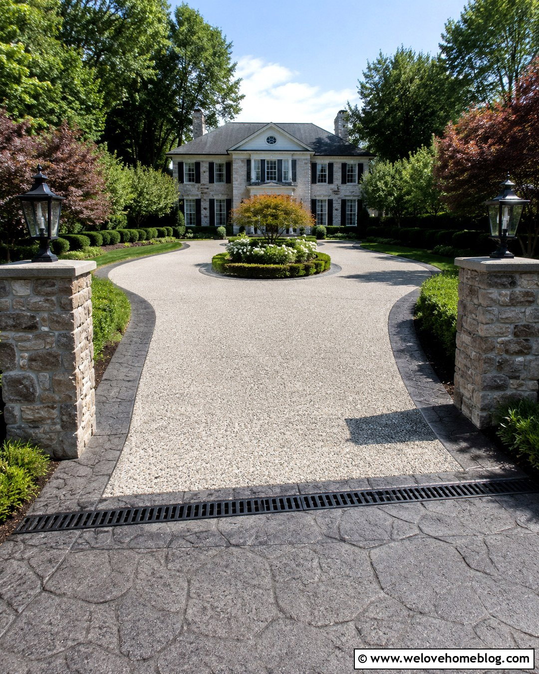 European Fan Stamped Concrete Driveway Border With Aggregate Concrete - 20 Stamped Concrete Driveway Border Ideas