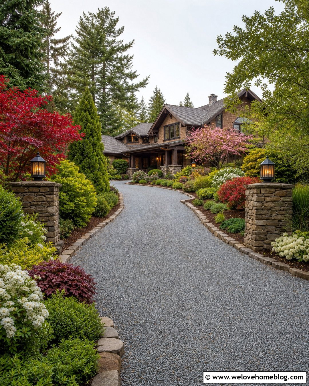 Evergreen Driveway With Four Season Color - 25 long driveway landscaping entrance ideas