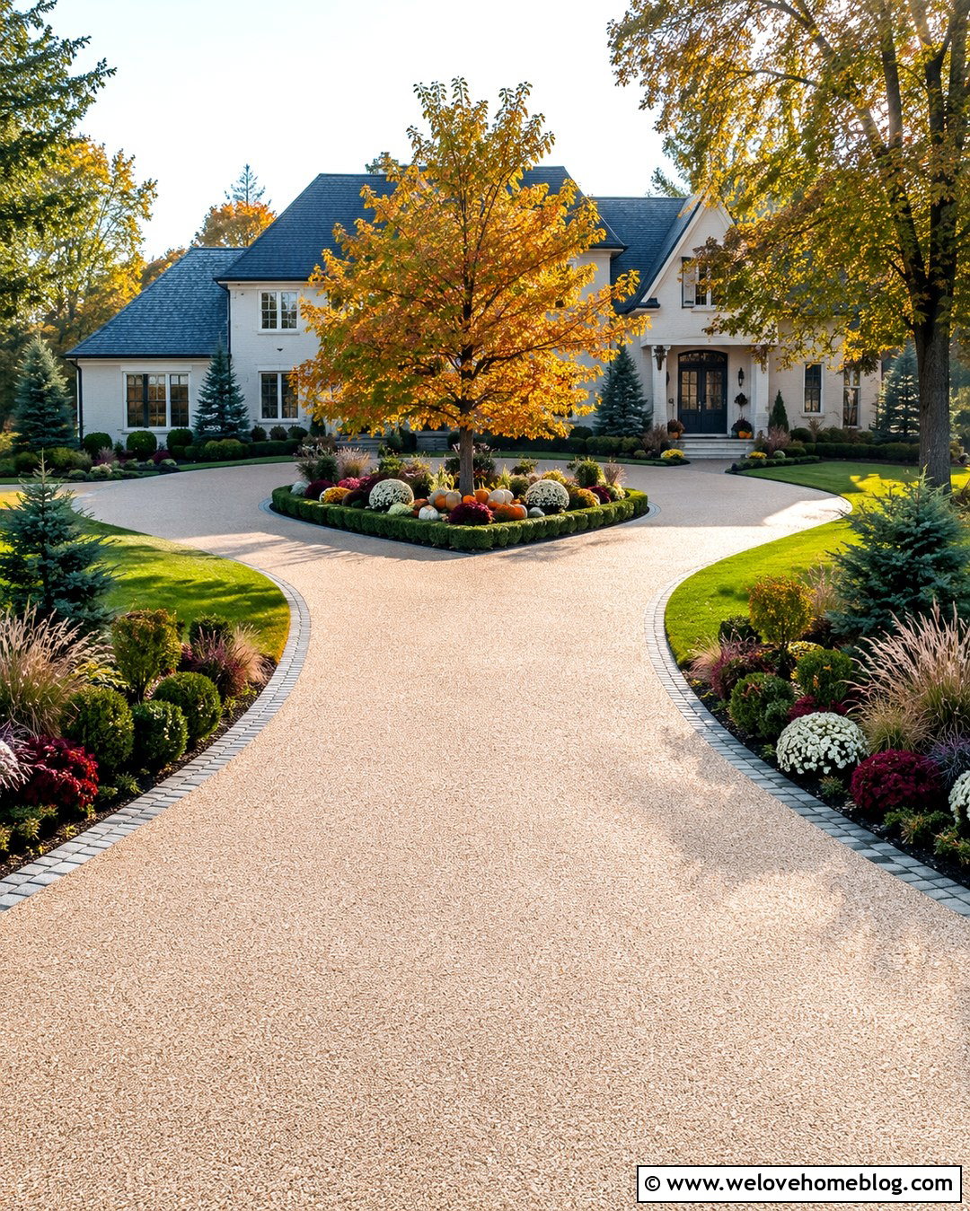 Evergreen Driveway With Seasonal Fall Accents - 20 autumn driveway landscaping ideas