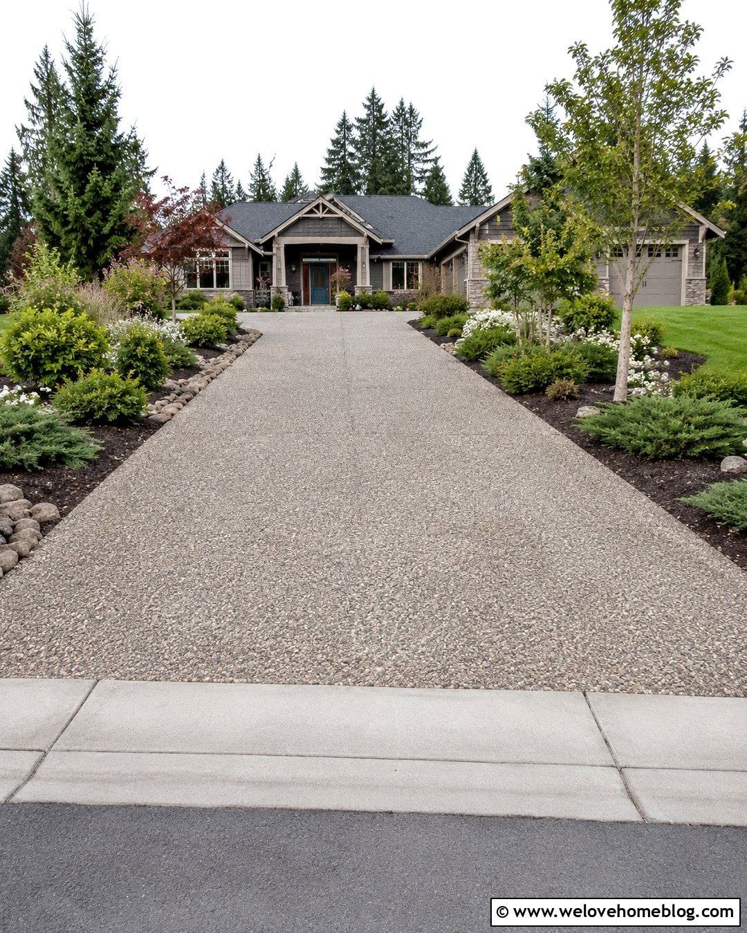 Evergreen Lined Exposed Aggregate Driveway - 20 Plant Lined Driveway Ideas