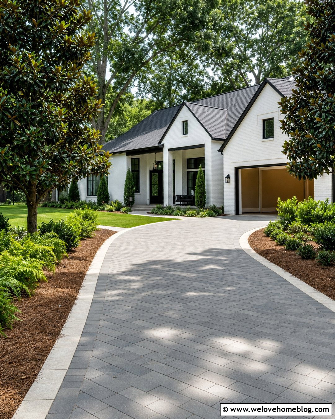 Evergreen Magnolia Trees Beside A Paver Driveway - 30 driveway trees ideas