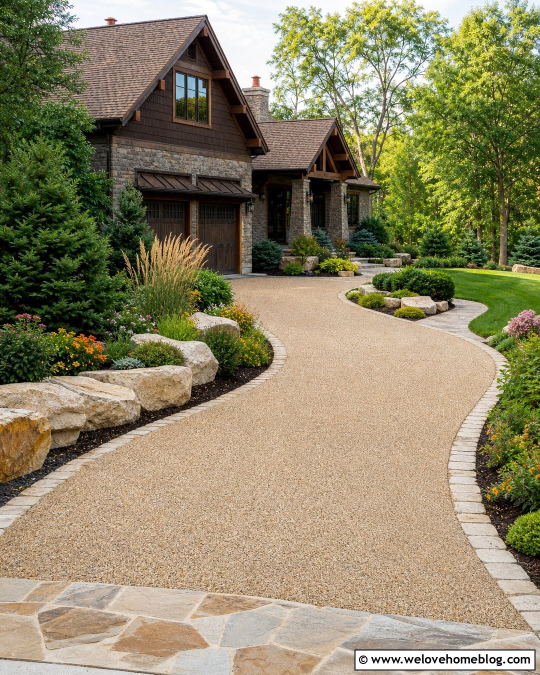 Exposed Aggregate Cement Driveway With Stone Edging - 35 Cement Driveway Ideas