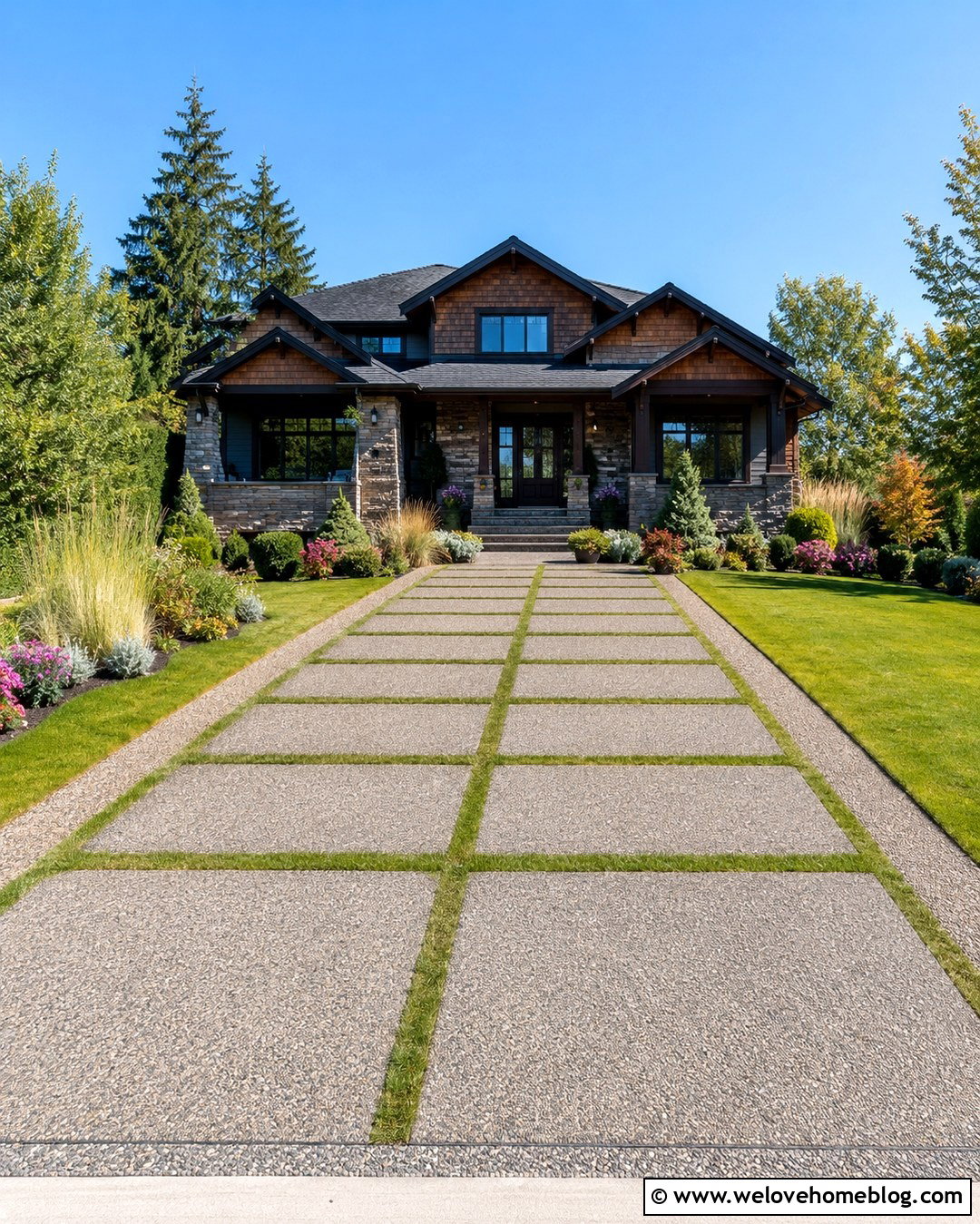 Exposed Aggregate Checkerboard Driveway With Grass - 20 Checkerboard Driveway Ideas