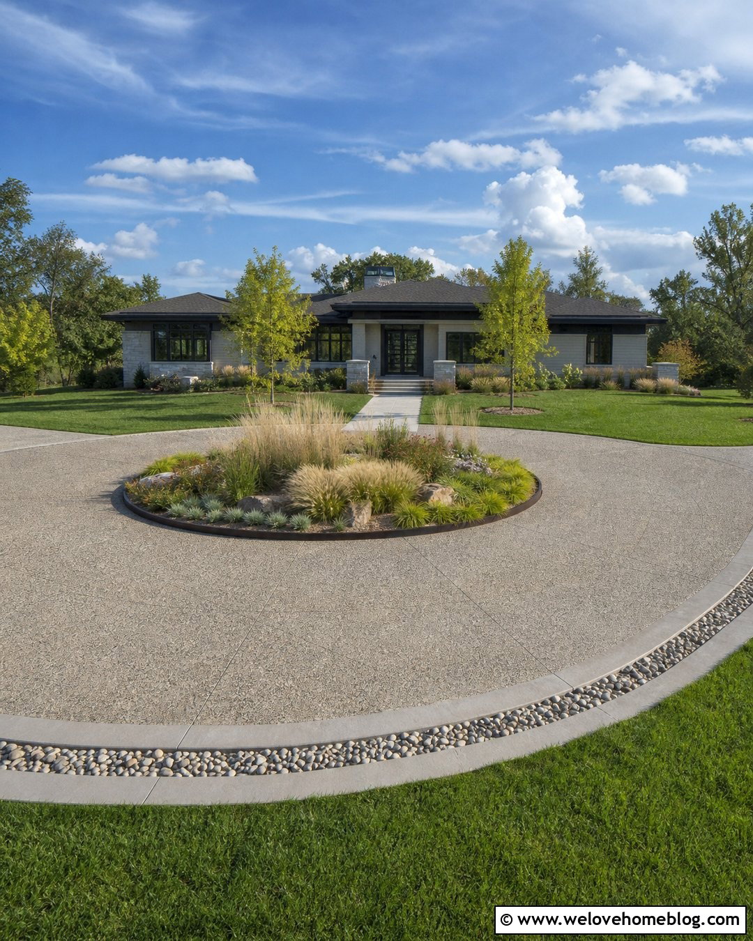 Exposed Aggregate Circle Driveway With Native Grasses - 40 Circle Driveway Front Yards Ideas