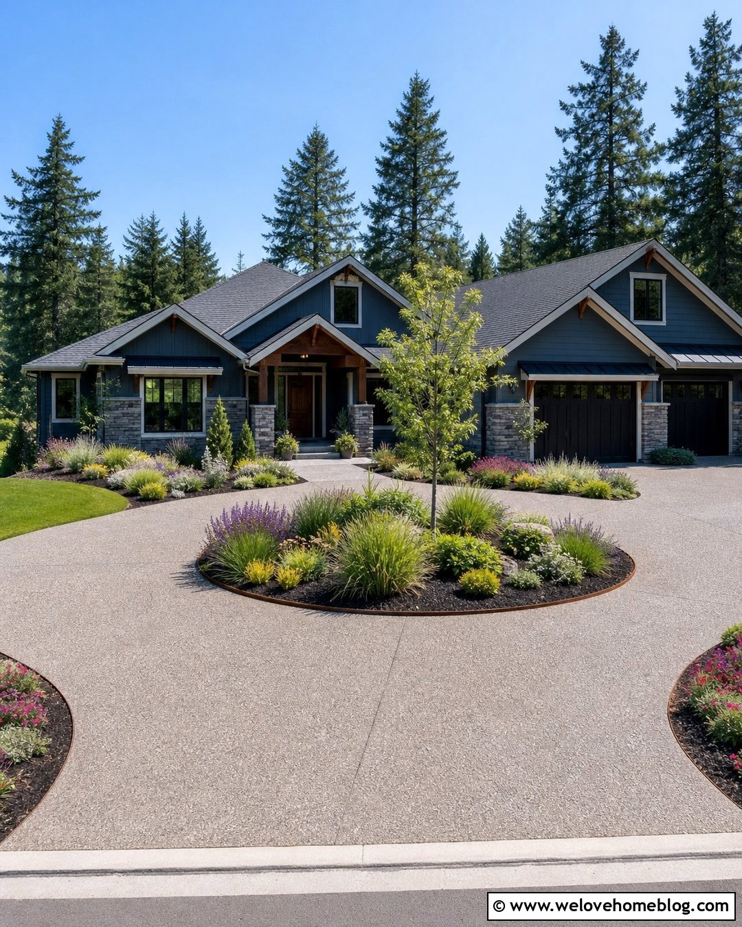 Exposed Aggregate Circle Driveway With Native Plants - 40 circle driveway landscaping ideas