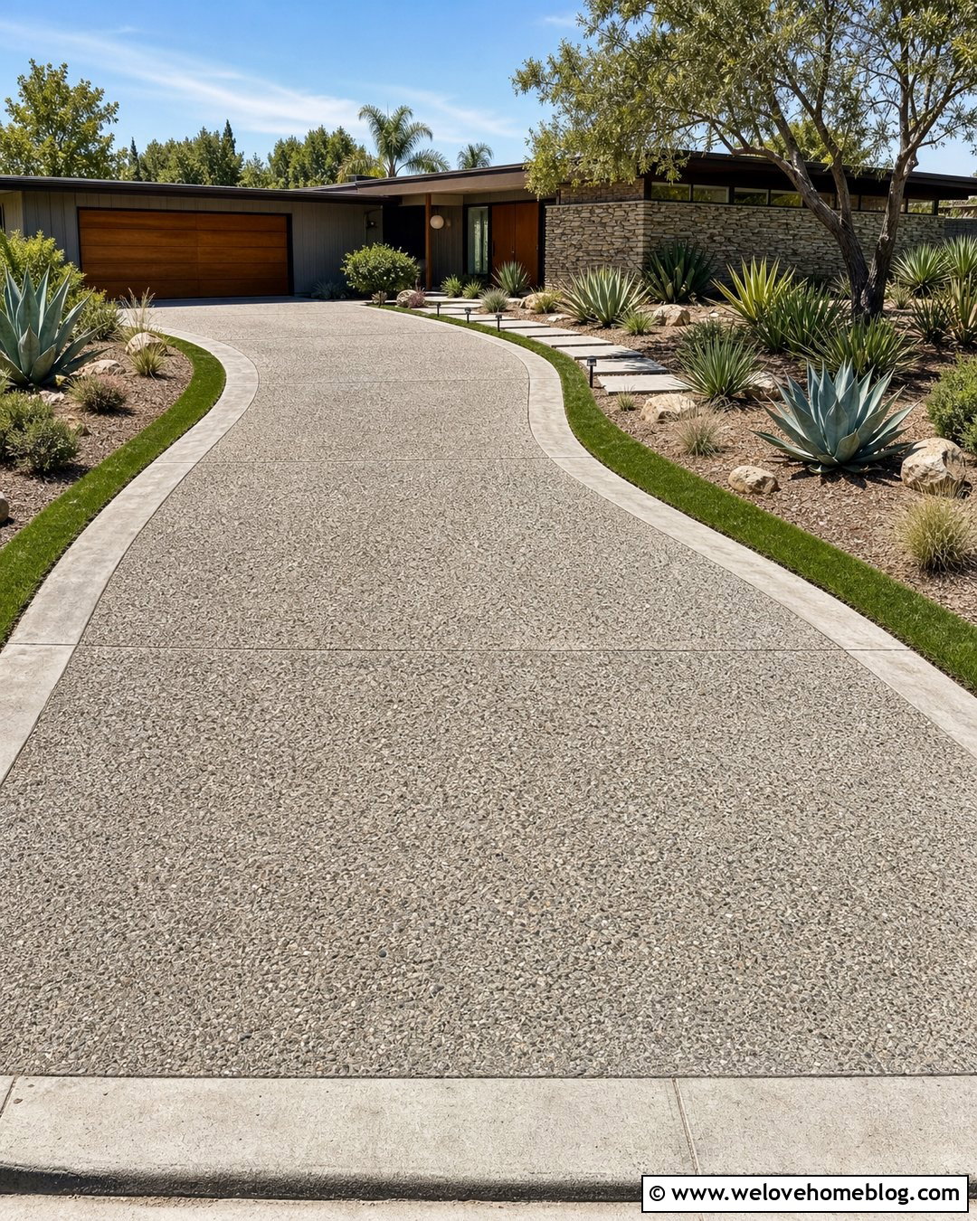 Exposed Aggregate Concrete Driveway With Grass Borders - 20 Gravel Vs Concrete Driveway Ideas