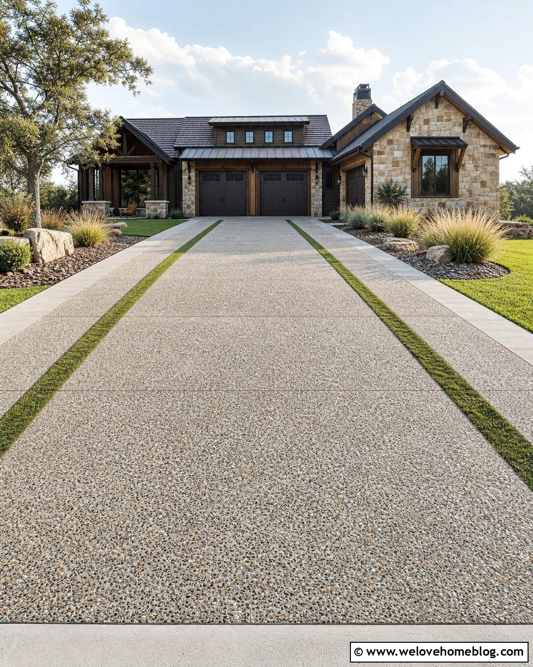 Exposed Aggregate Concrete Driveway With Grass Channels - 20 grass and concrete driveway ideas