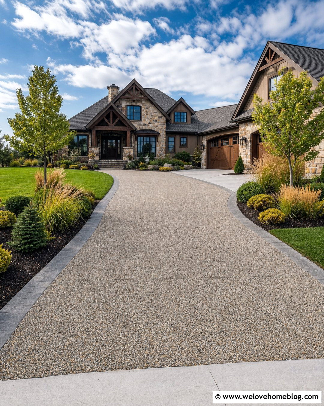 Exposed Aggregate Concrete Driveway With Stone Edging - 20 Clean Concrete Driveway Ideas