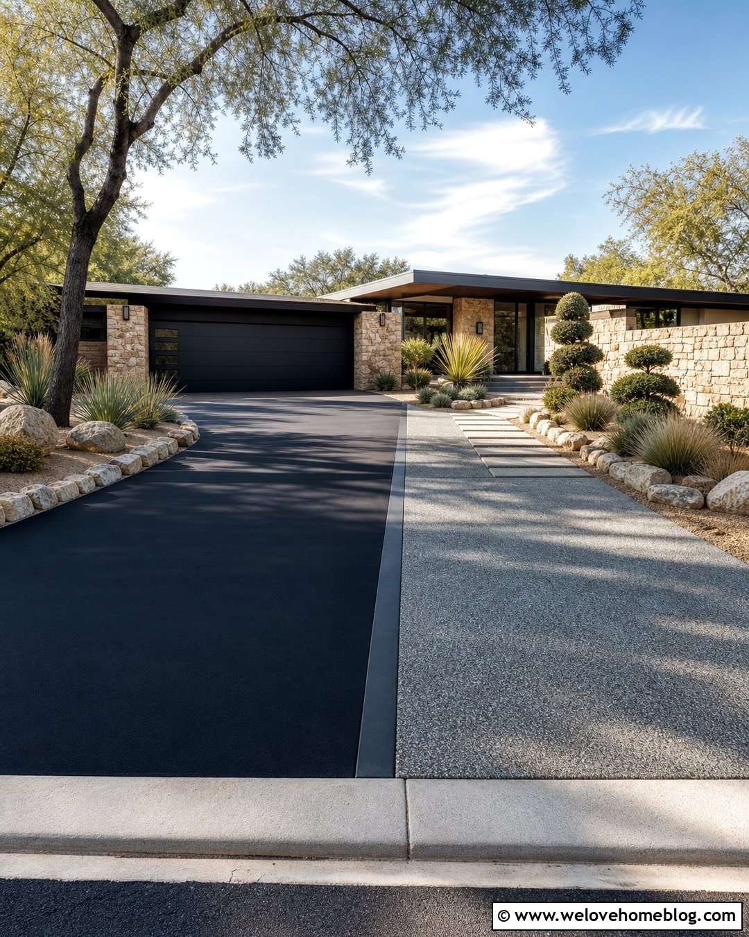 Exposed Aggregate Concrete With Black Asphalt - 20 Half Concrete Half Asphalt Driveway Ideas