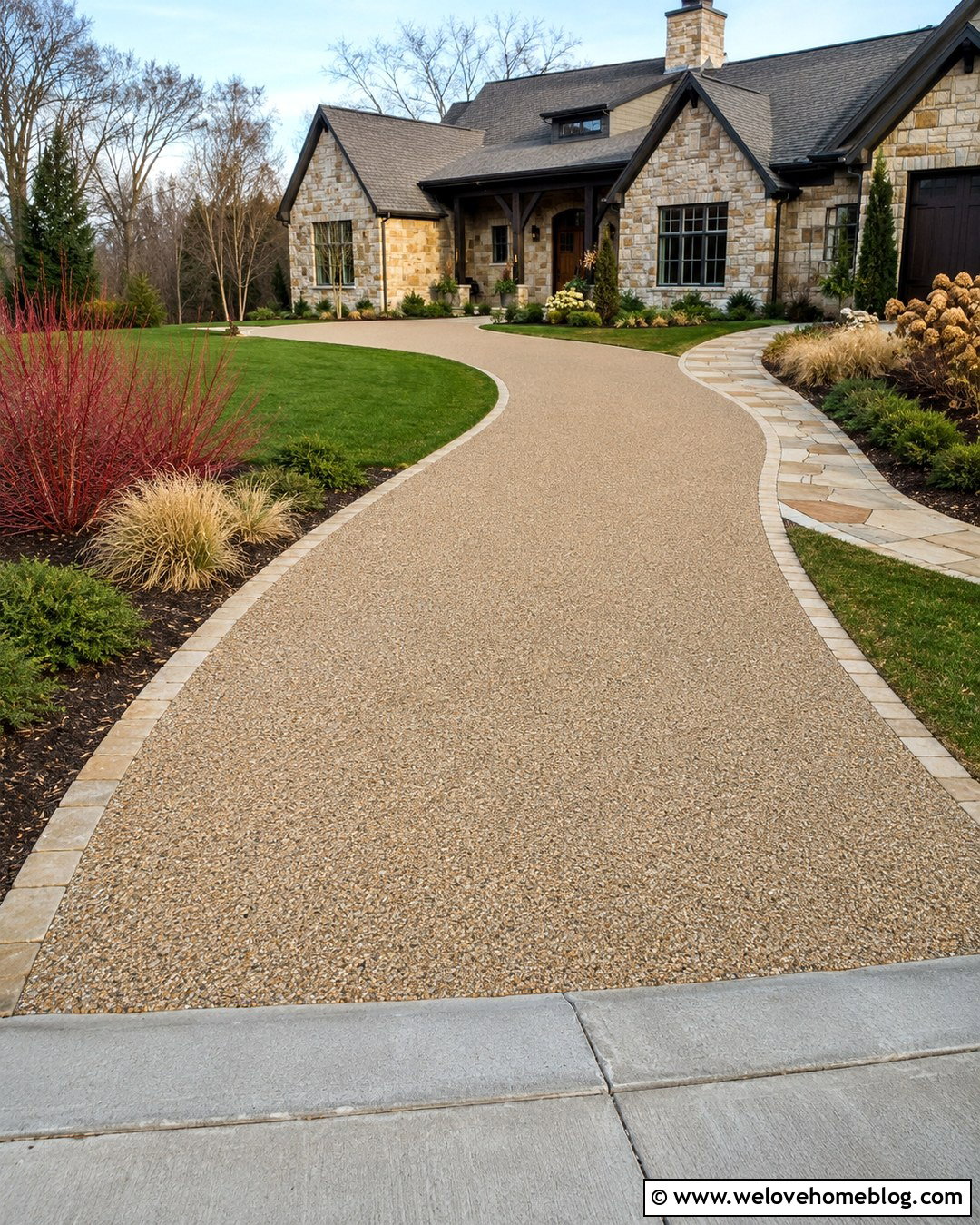 Exposed Aggregate Curved Driveway - 20 Autumn Driveway Paving Ideas