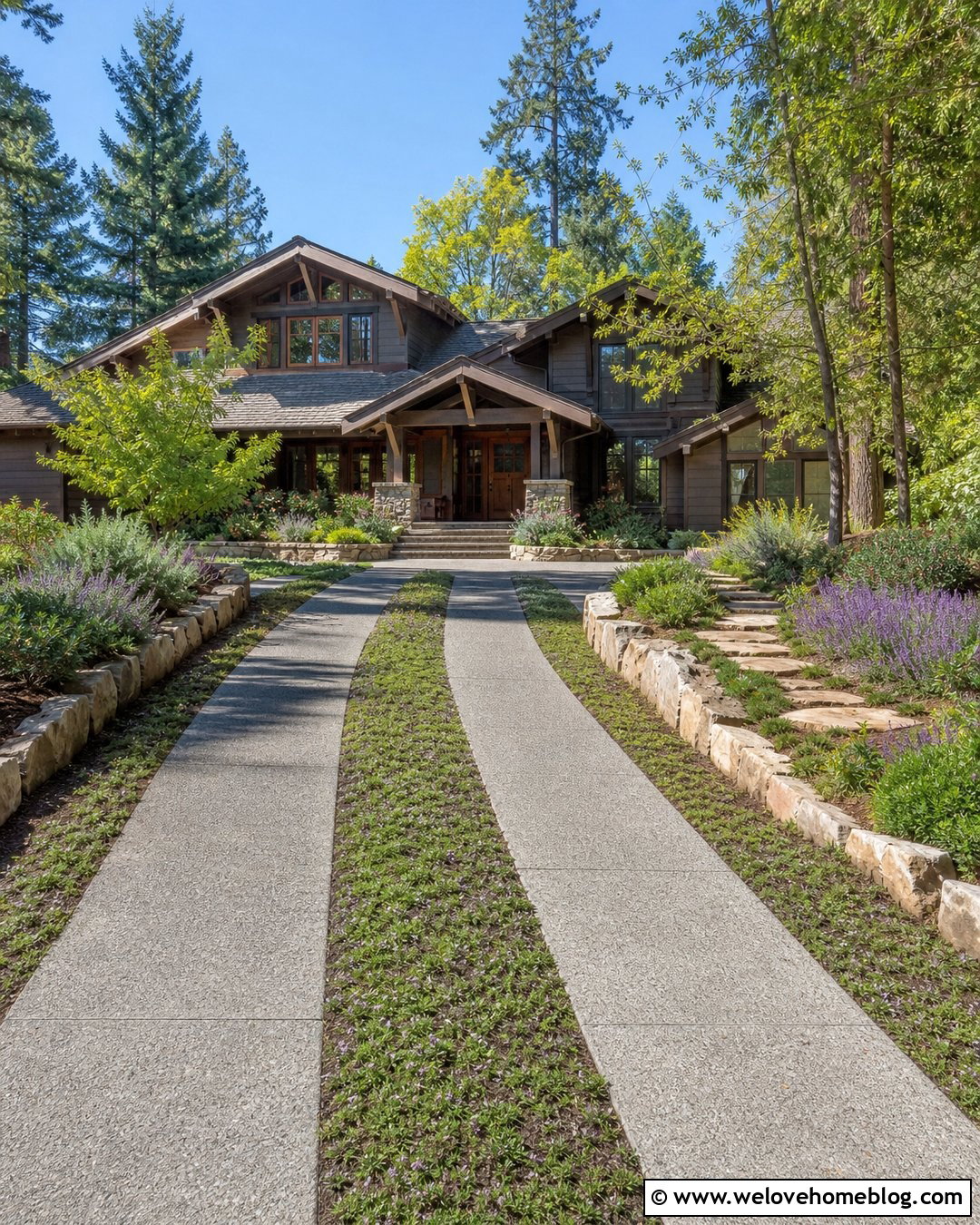 Exposed Aggregate Double Ribbon Driveway With Creeping Thyme - 20 double ribbon driveway ideas