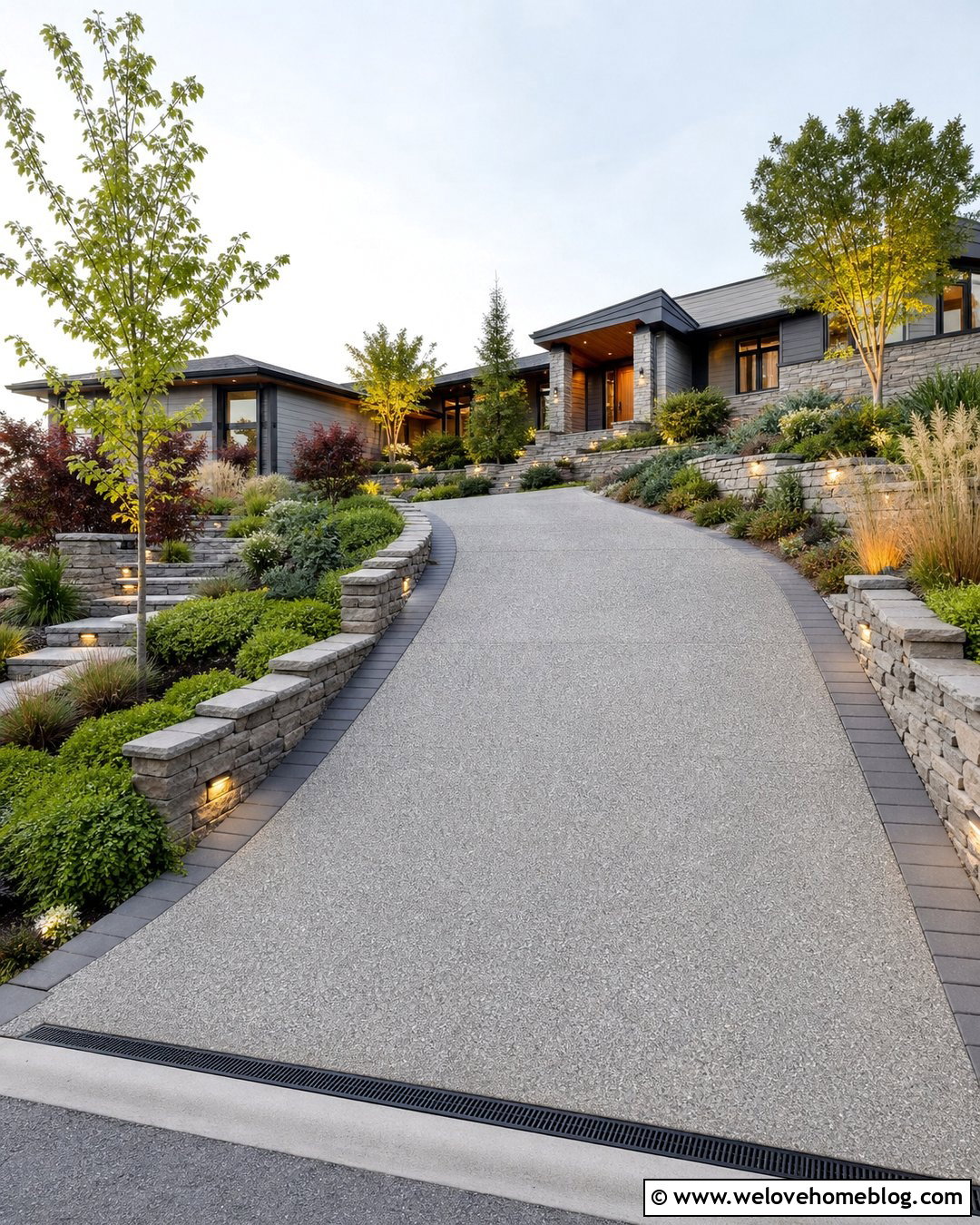 Exposed Aggregate Driveway Entrance With Retaining Beds - 20 landscaped driveway entrance ideas