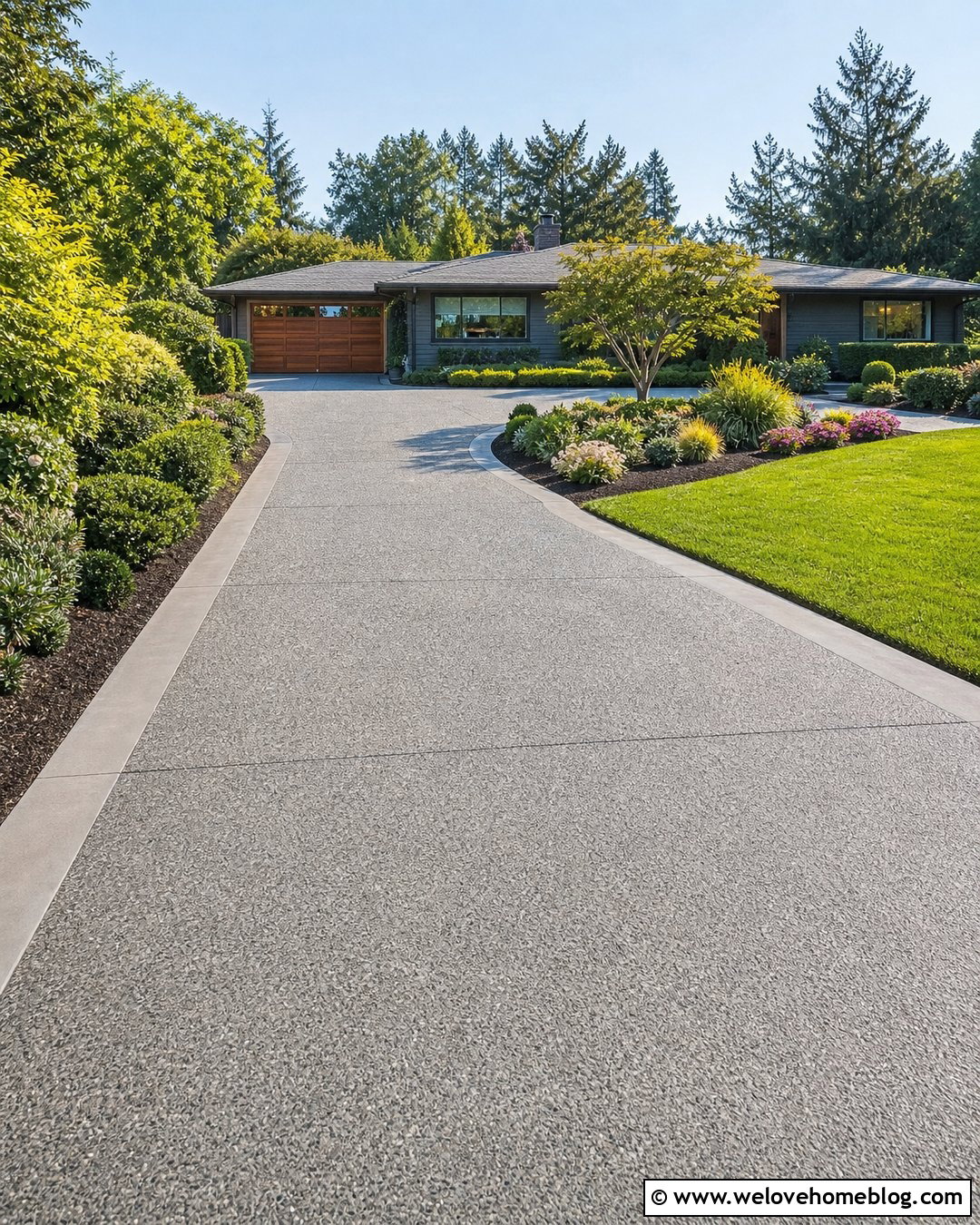 Exposed Aggregate Driveway Extension With Concrete Bands - 30 Extended Driveway Ideas
