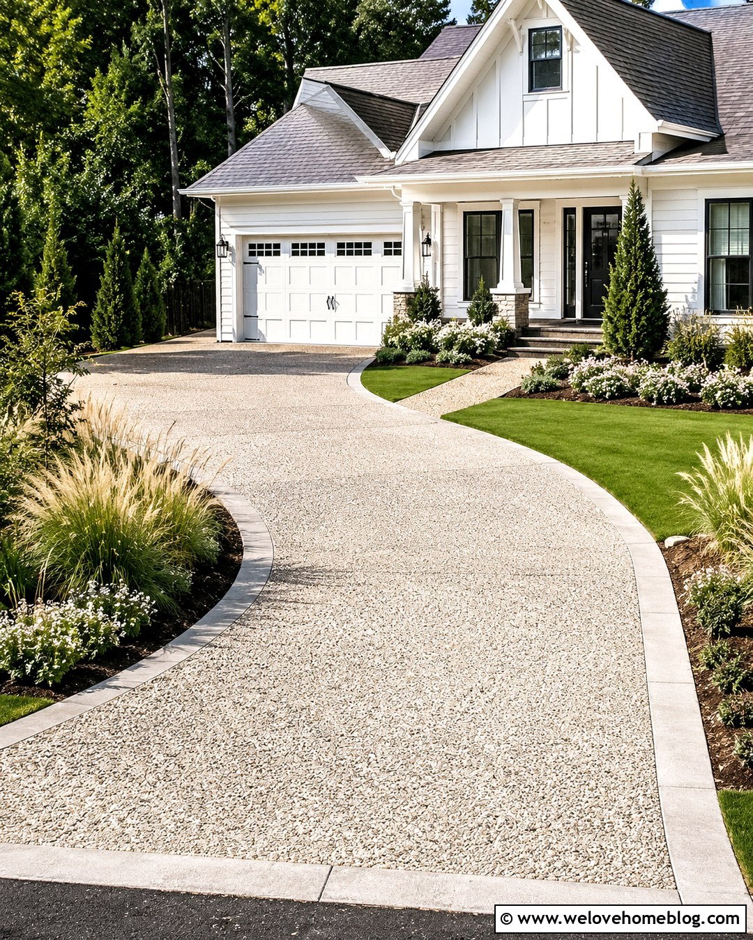 Exposed Aggregate Driveway For A White House - 20 White House Driveway Ideas