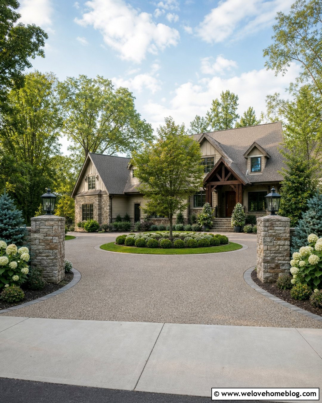 Exposed Aggregate Driveway Roundabout With Stone Columns - 25 driveway roundabout ideas