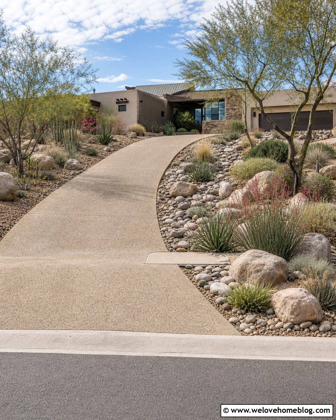 Exposed Aggregate Driveway With A Dry Creek Bed - 20 desert driveway landscaping ideas