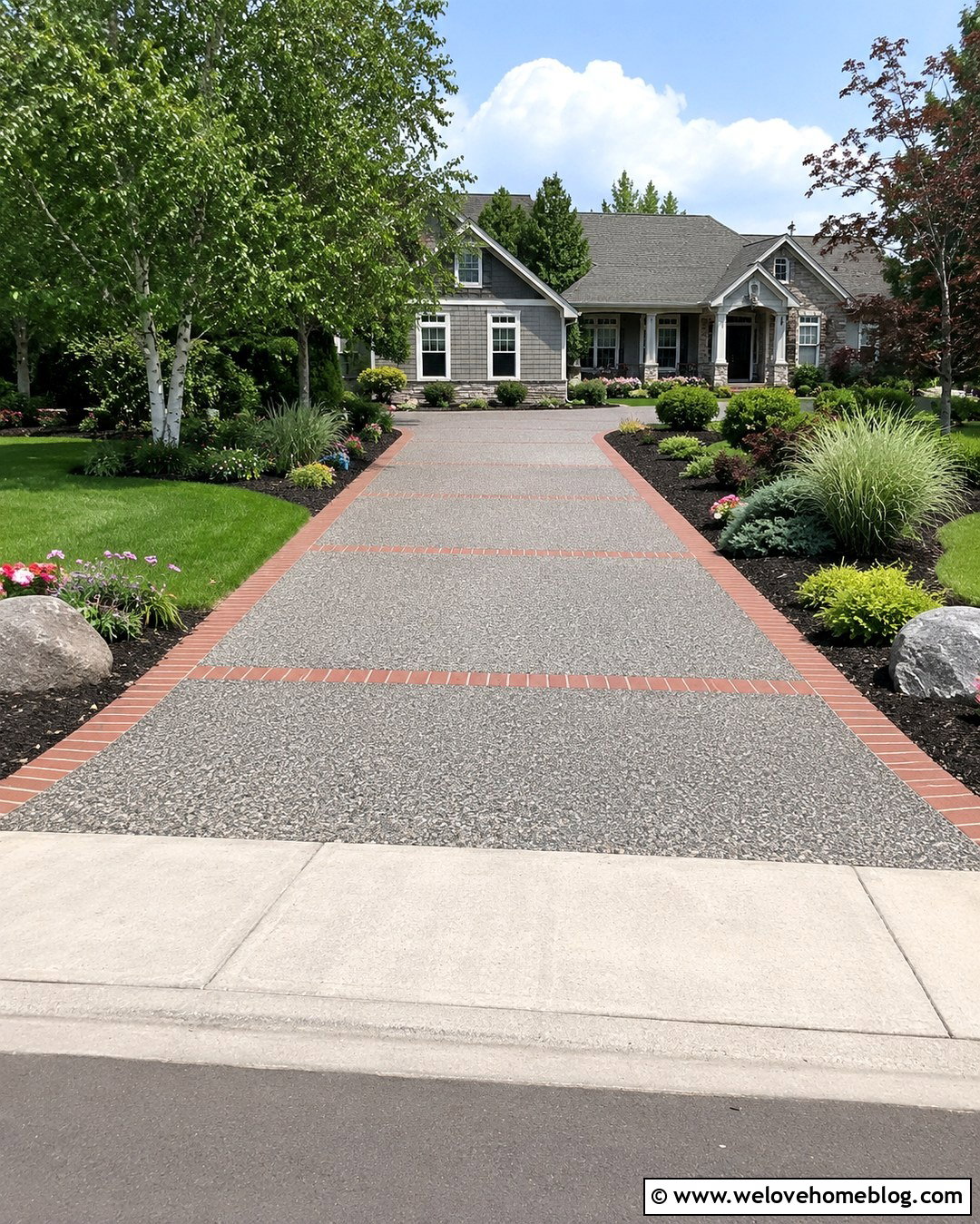 Exposed Aggregate Driveway With Brick Ribbon - 20 Outdoor Driveway Ideas
