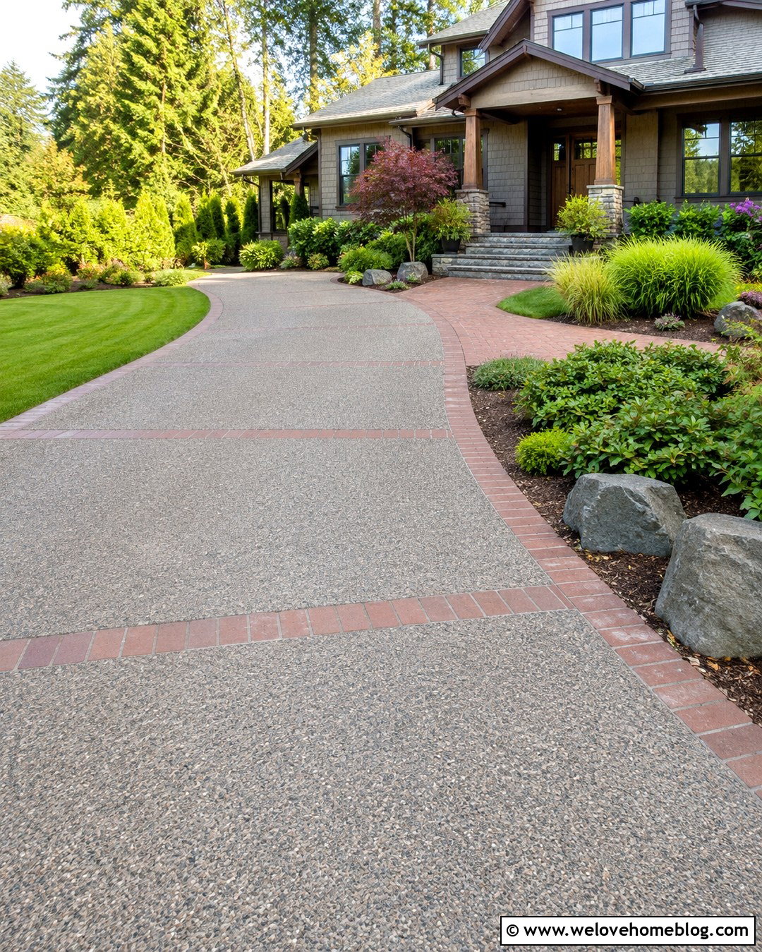 Exposed Aggregate Driveway With Brick Ribbon - 20 Cool Driveways Ideas