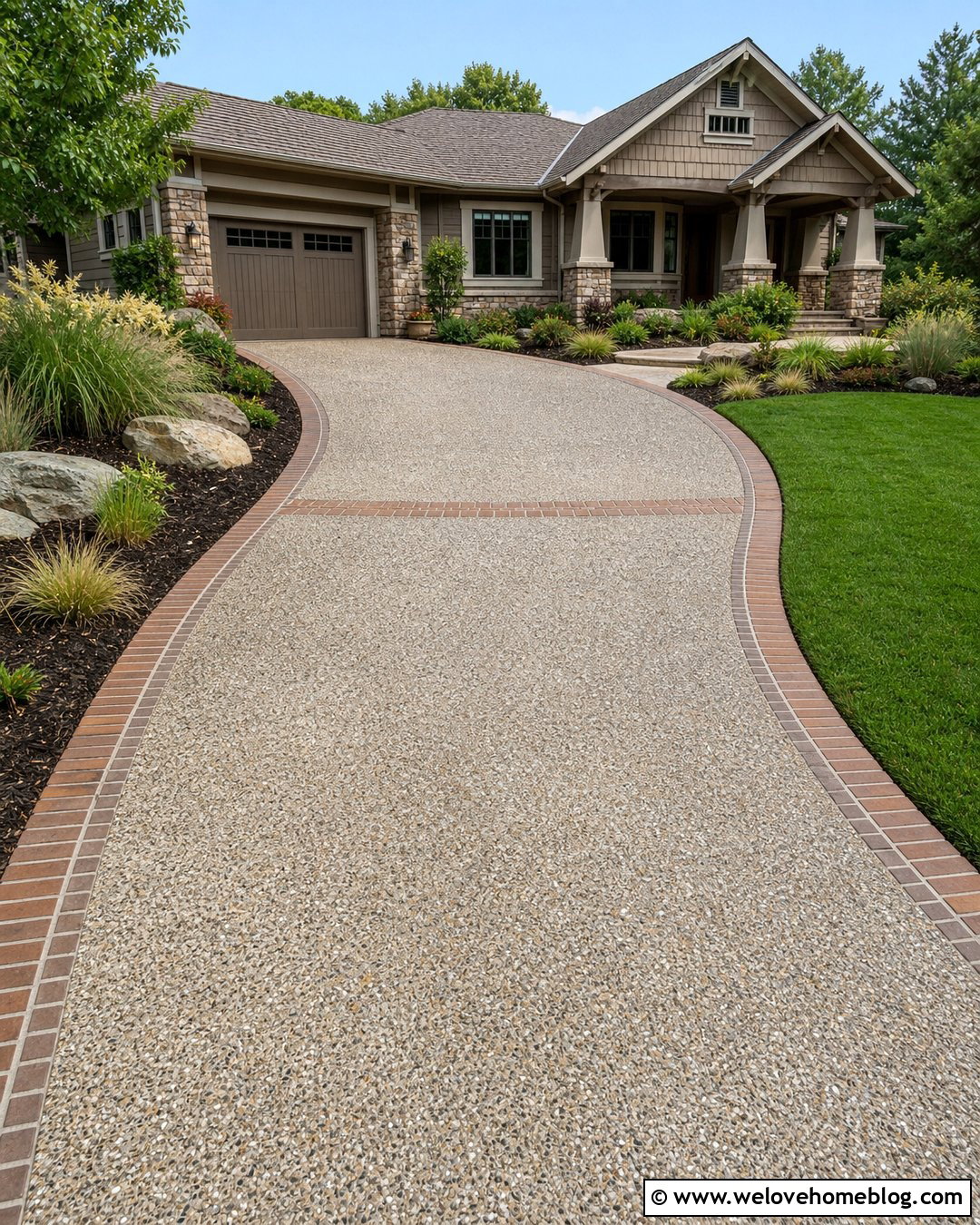 Exposed Aggregate Driveway With Brick Trim - 20 Brick Trim Driveway Ideas