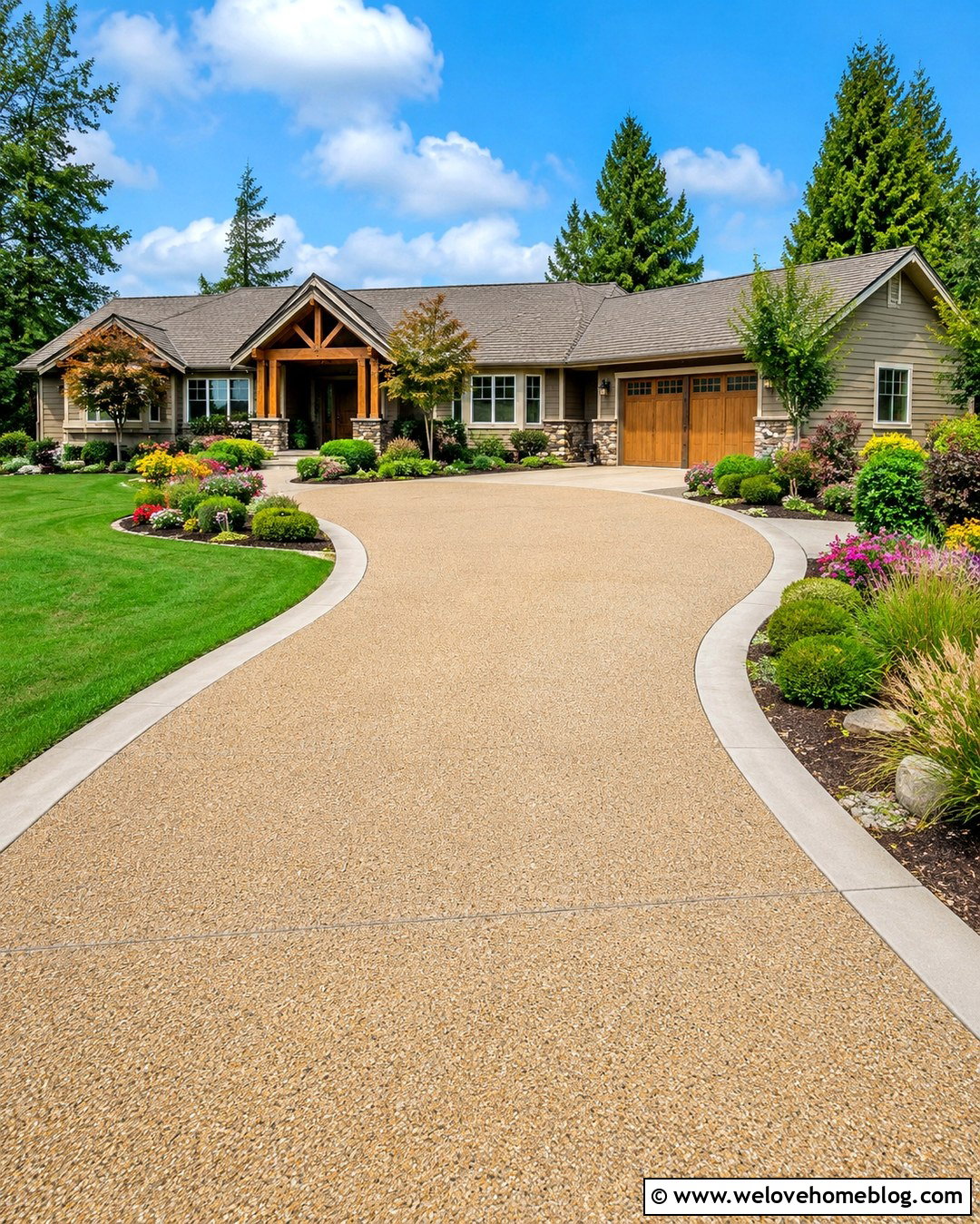 Exposed Aggregate Driveway With Curved Landscaping - 20 stylish driveway makeover ideas