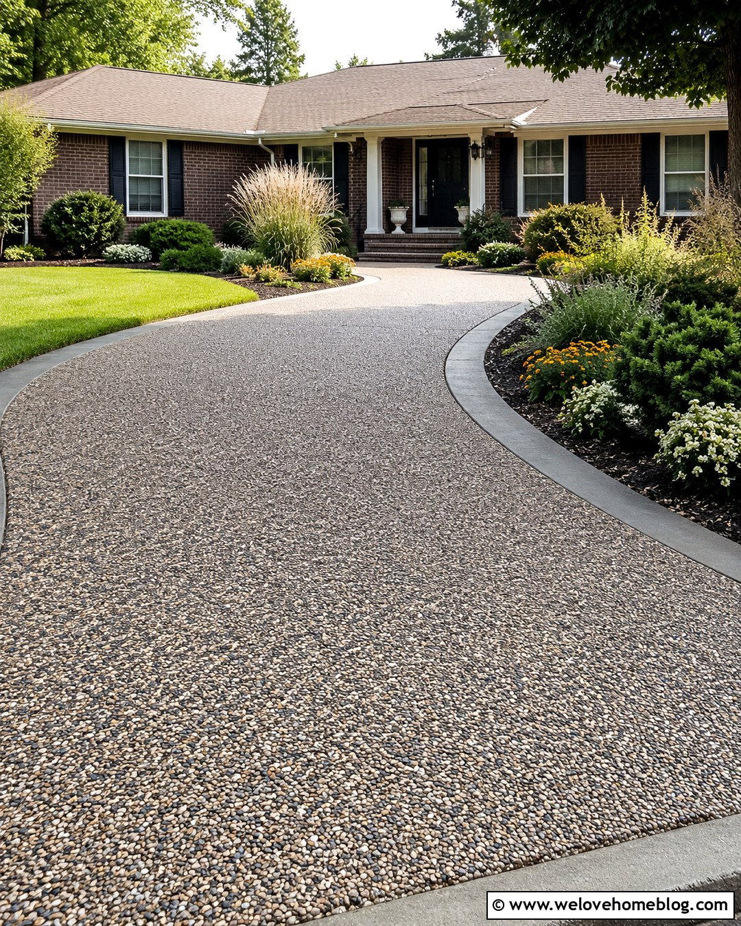 Exposed Aggregate Driveway With Curved Landscaping - 20 low maintenance driveway ideas