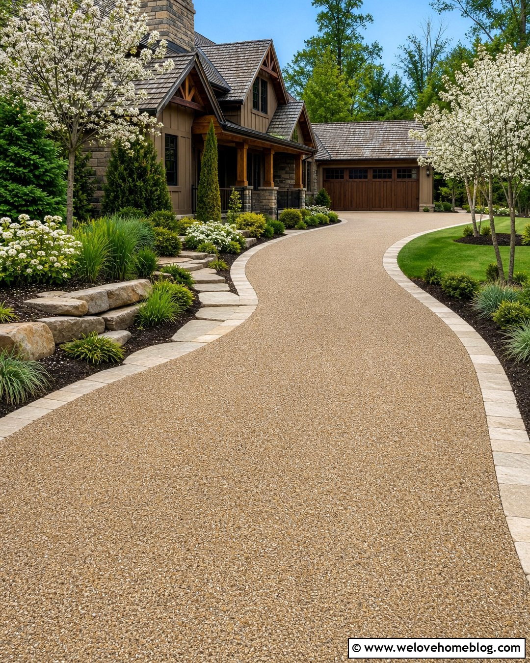 Exposed Aggregate Driveway With Curved Stone Borders - 30 driveway materials ideas