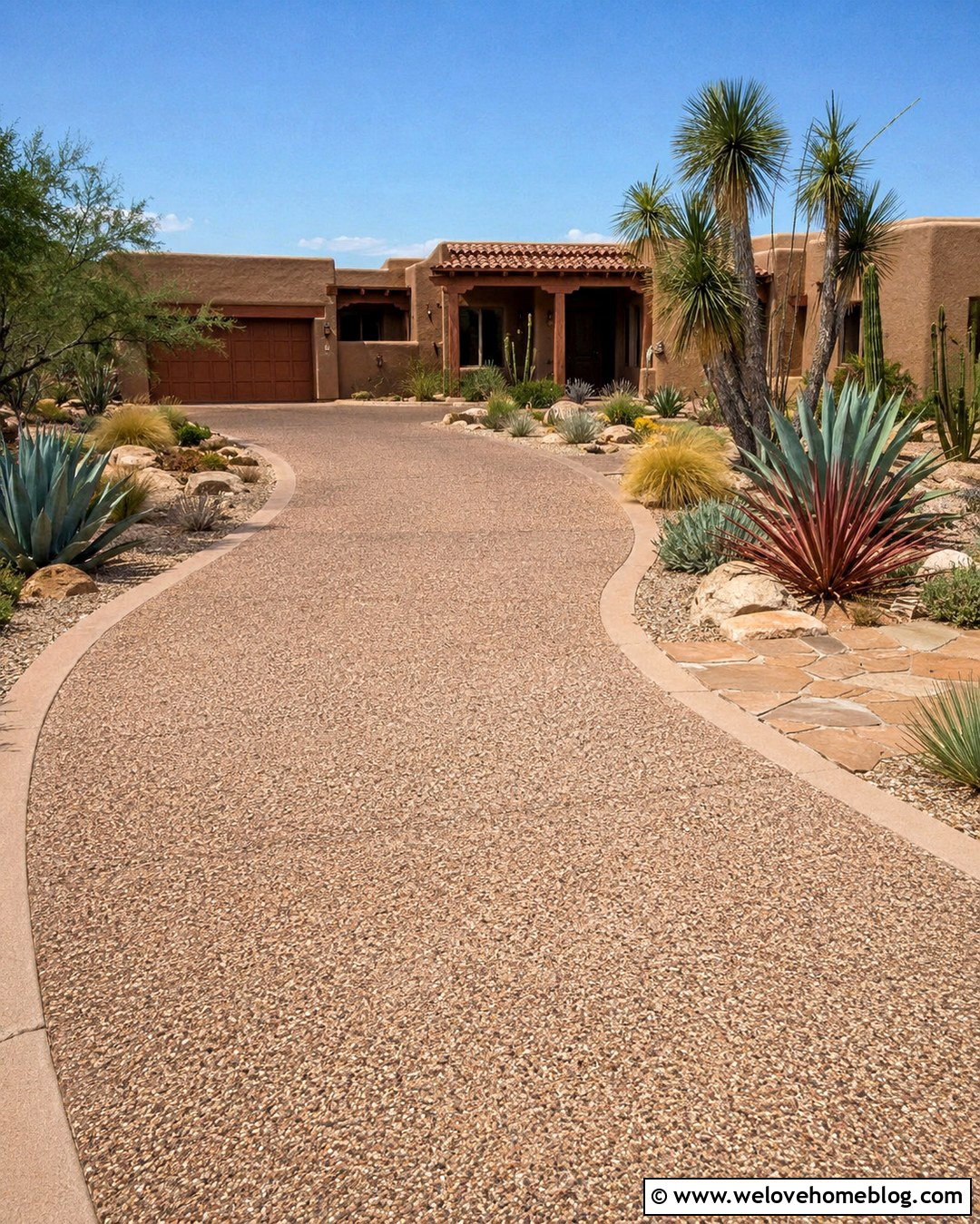 Exposed Aggregate Driveway With Desert Landscaping - 20 American Driveway Ideas