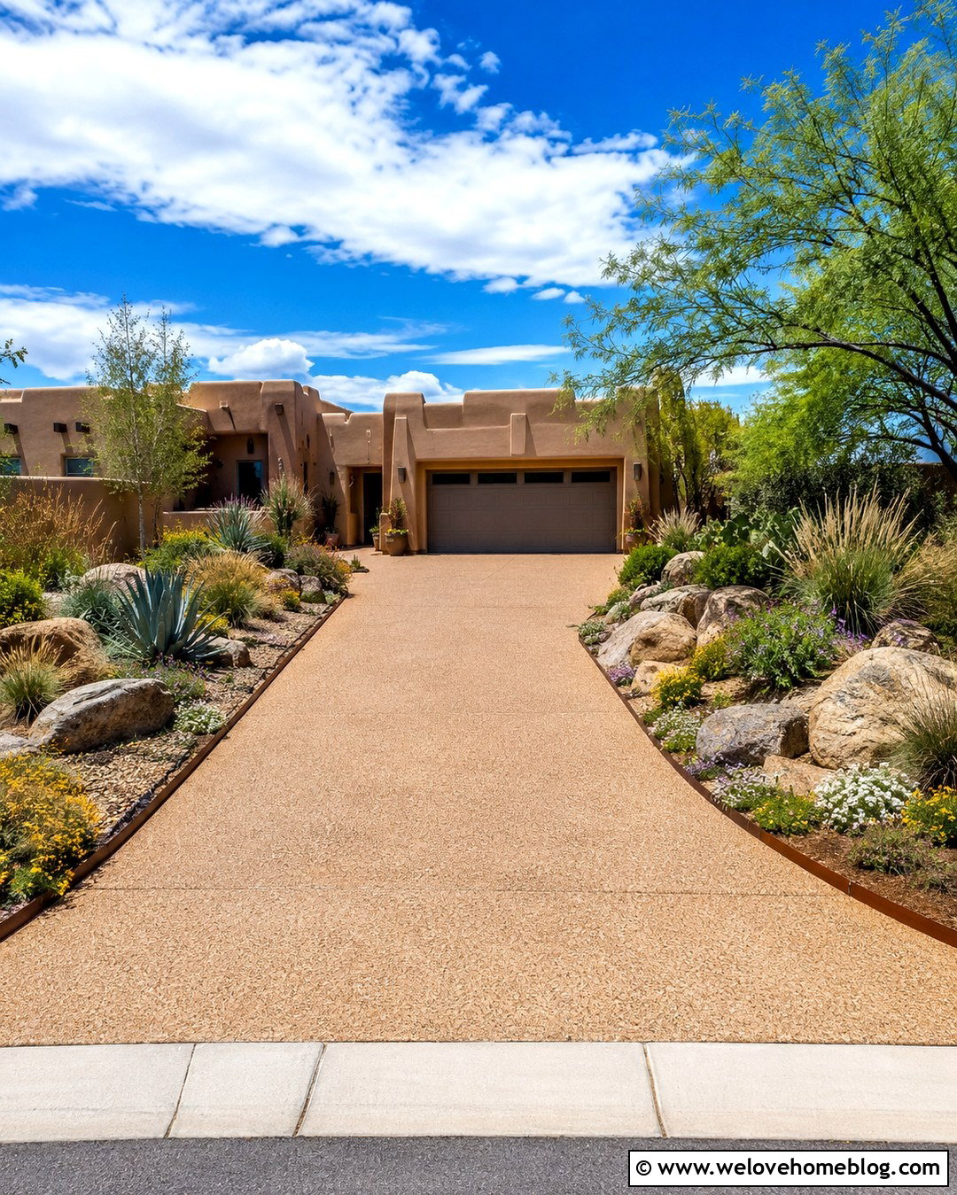 Exposed Aggregate Driveway With Desert Planting - 20 Planted Driveway Ideas