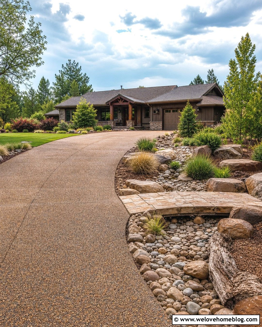 Exposed Aggregate Driveway With Dry Creek Bed - 20 Driveway Drainage Ideas