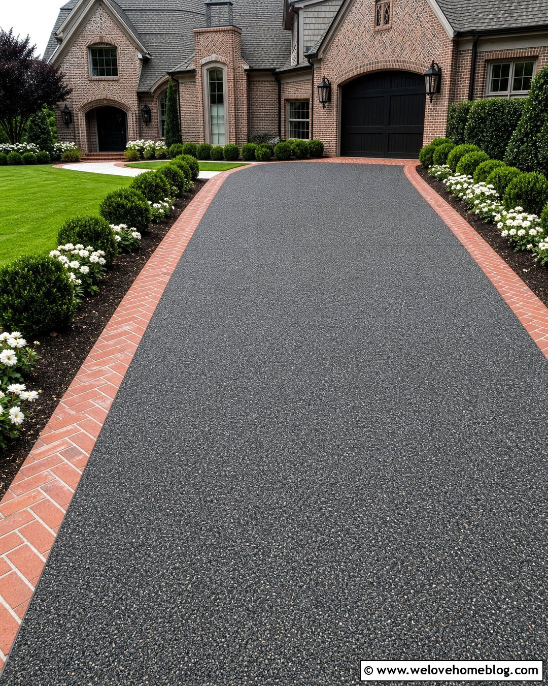 Exposed Aggregate Driveway With Herringbone Brick Edging - 20 red brick driveway edging ideas