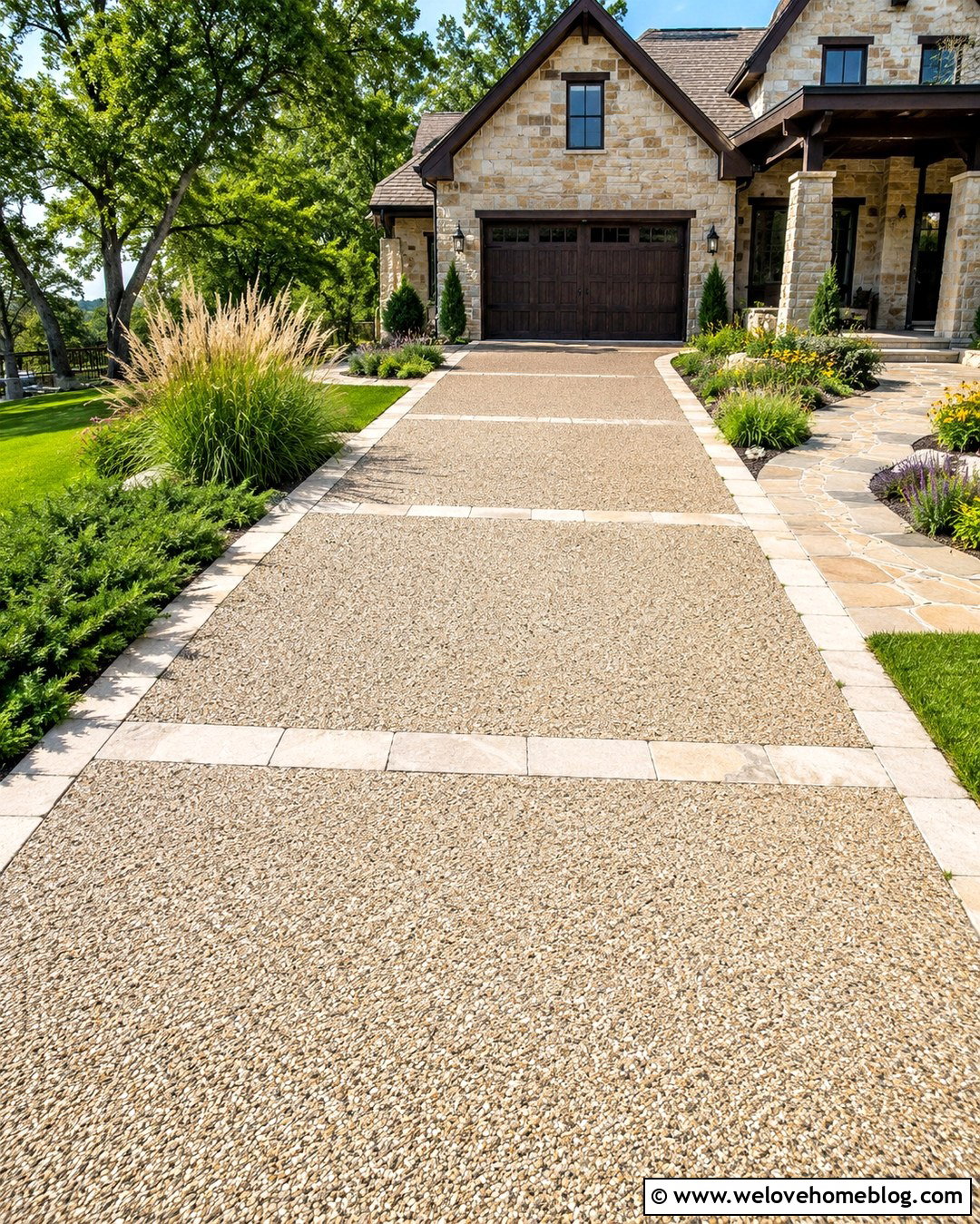 Exposed Aggregate Driveway With Limestone Edging - 20 Driveway Renovation Ideas