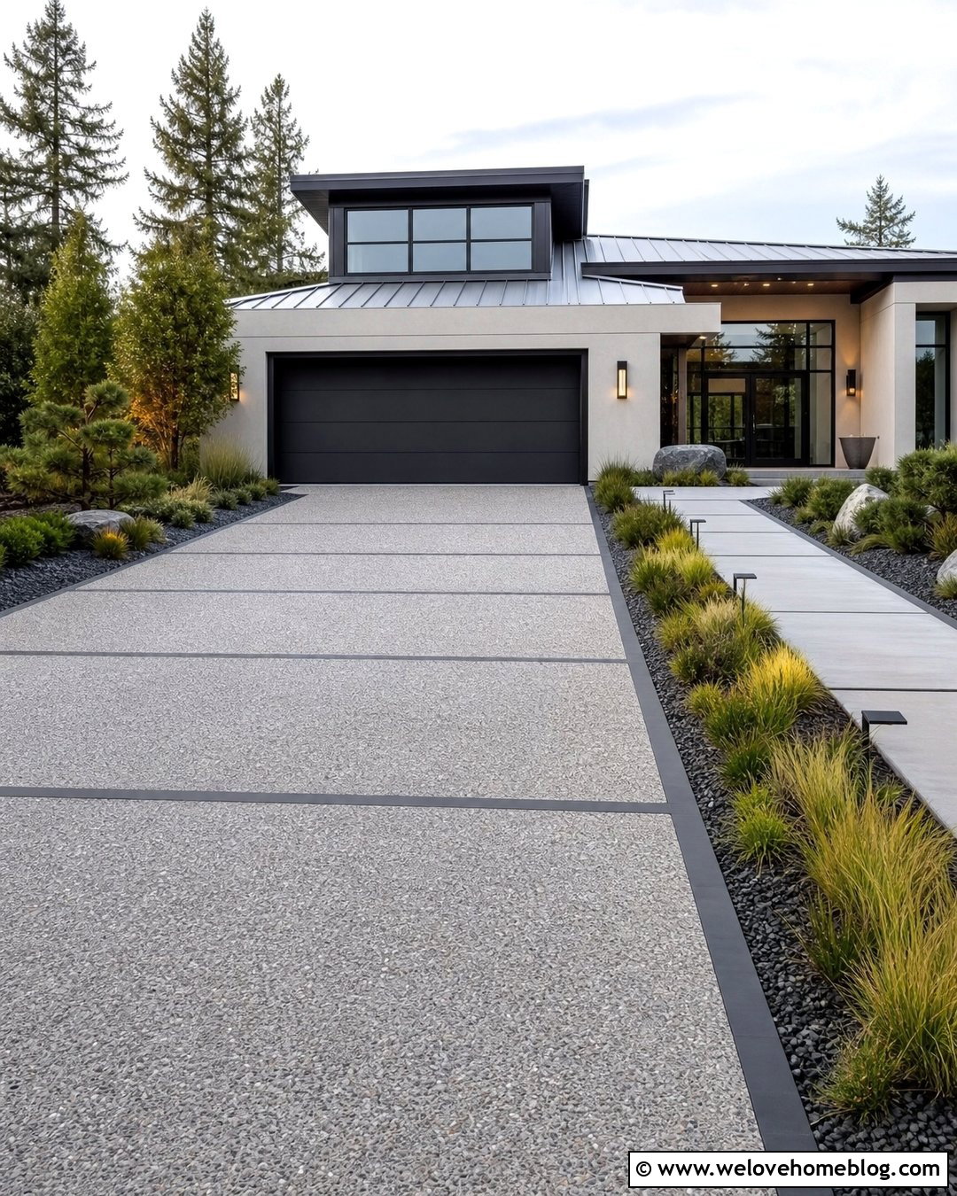 Exposed Aggregate Driveway With Modern Landscaping - 35 House Driveway Ideas
