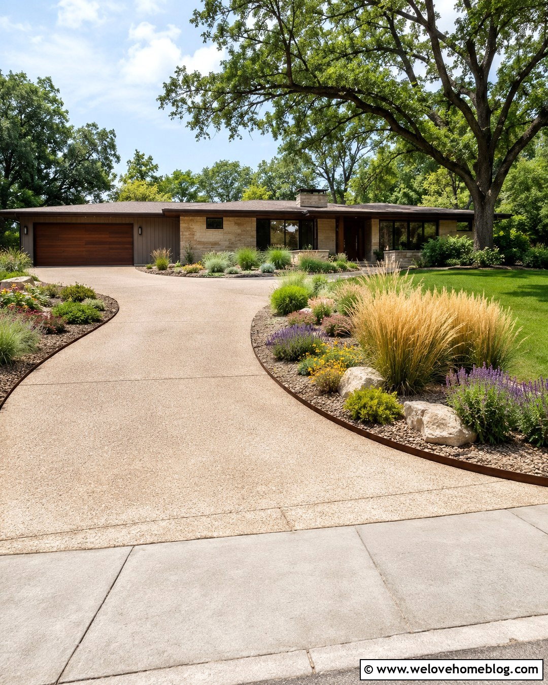 Exposed Aggregate Driveway With Native Grasses - 20 next to driveway landscaping ideas