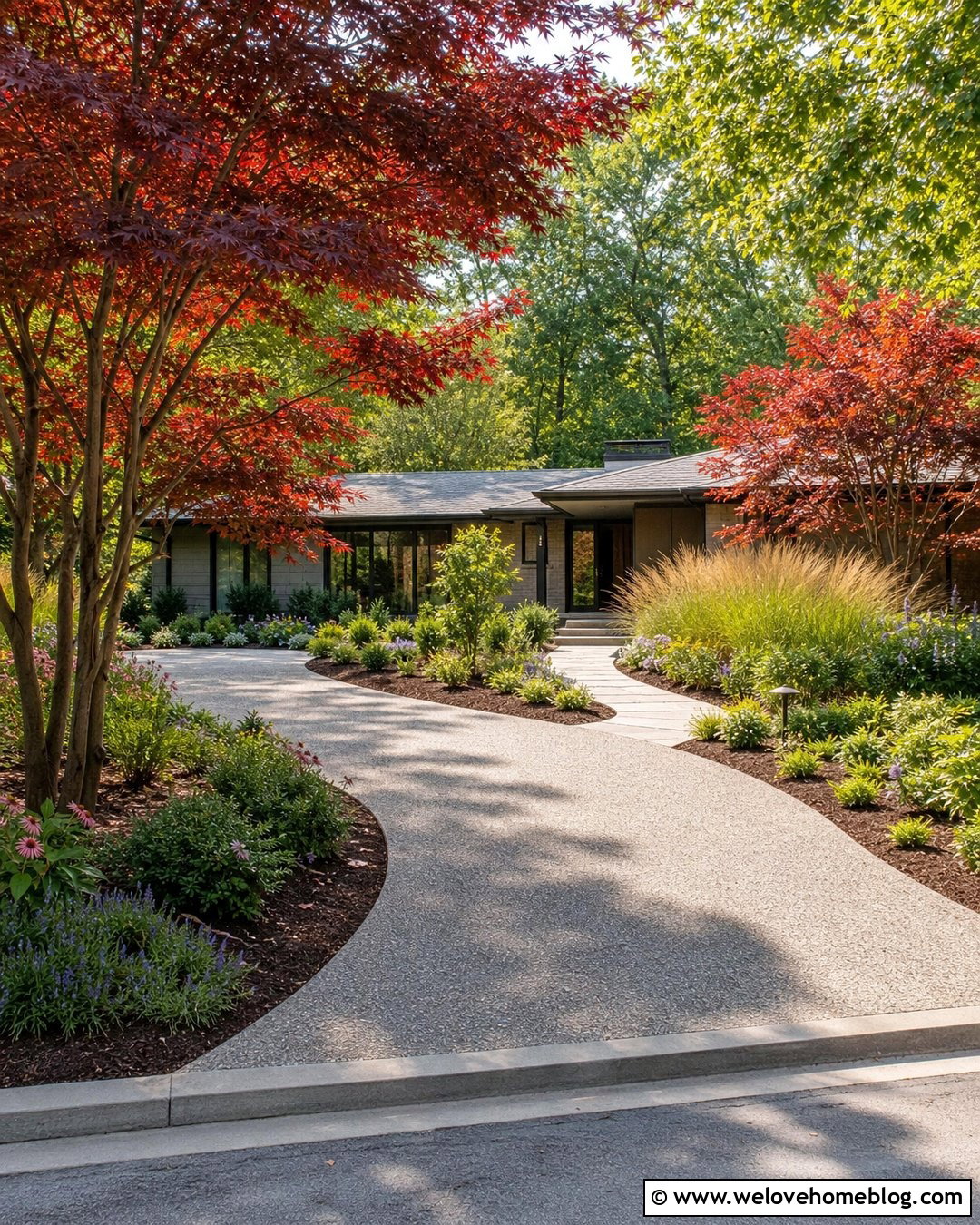 Exposed Aggregate Driveway With Native Landscaping - 20 Red Maple Tree Lined Driveway Ideas