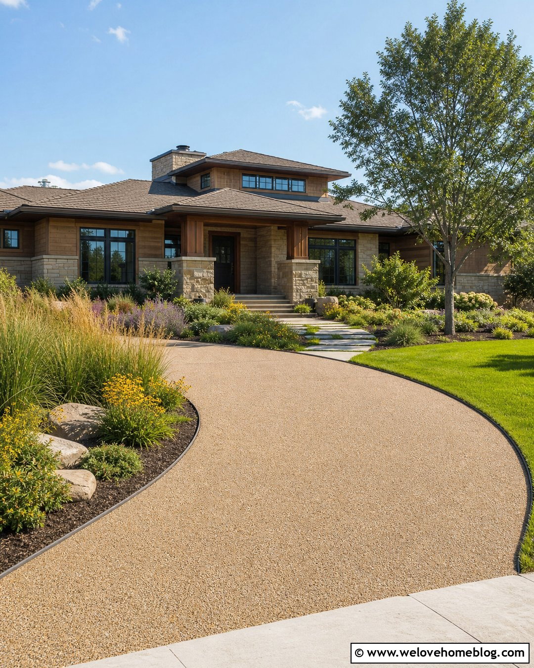 Exposed Aggregate Driveway With Native Plants - 40 Front Driveway Landscaping Ideas