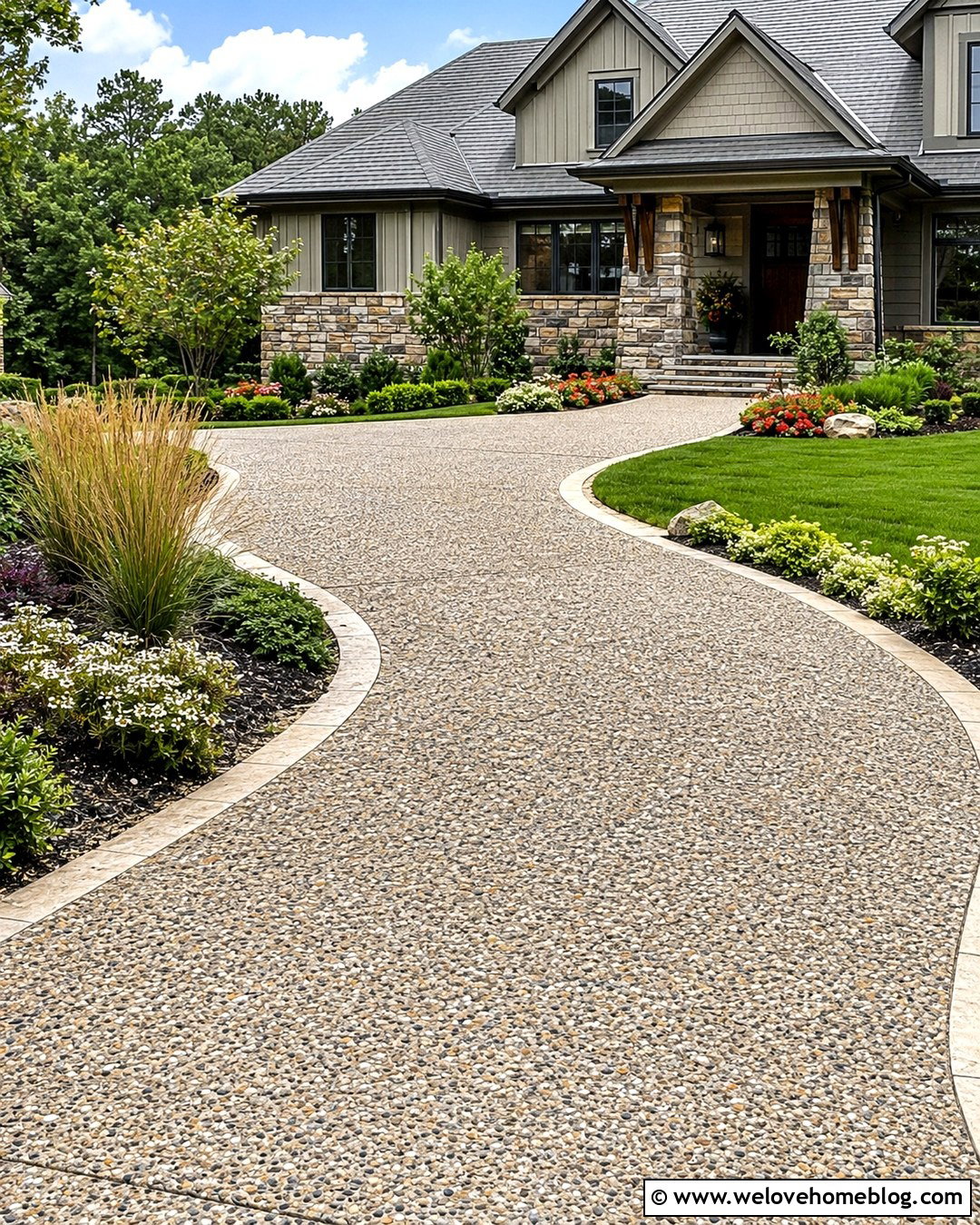 Exposed Aggregate Driveway With Natural Stone Borders - 20 Driveway Makeover Project Ideas