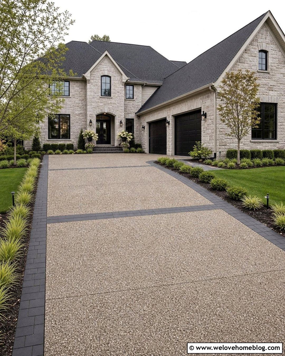Exposed Aggregate Driveway With Paver Bands - 45 Driveway Design Ideas