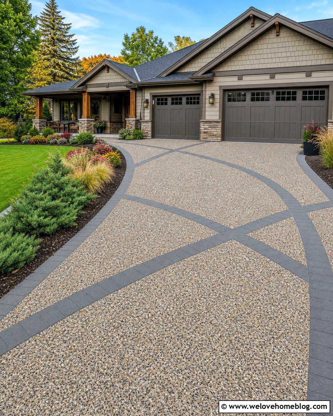 Exposed Aggregate Driveway With Paver Bands