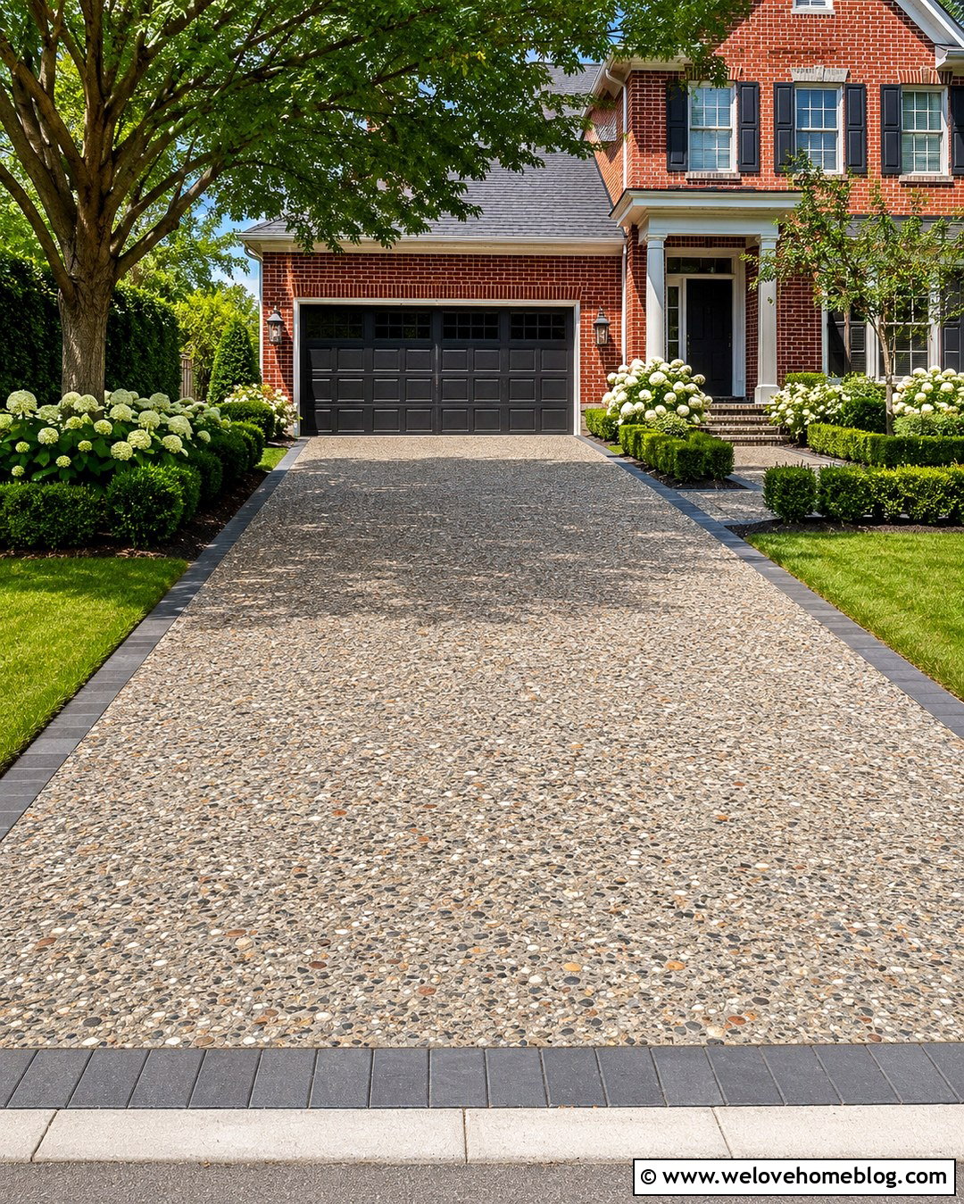 Exposed Aggregate Driveway With Red Brick House - 20 Exposed Aggregate Driveway Ideas