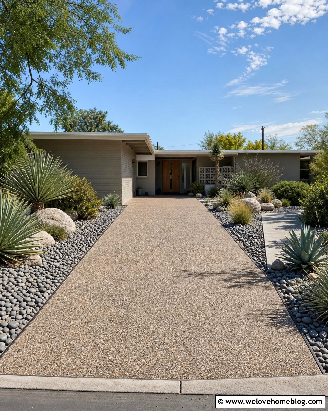 Exposed Aggregate Driveway With River Rock Beds - 50 Driveway Ideas