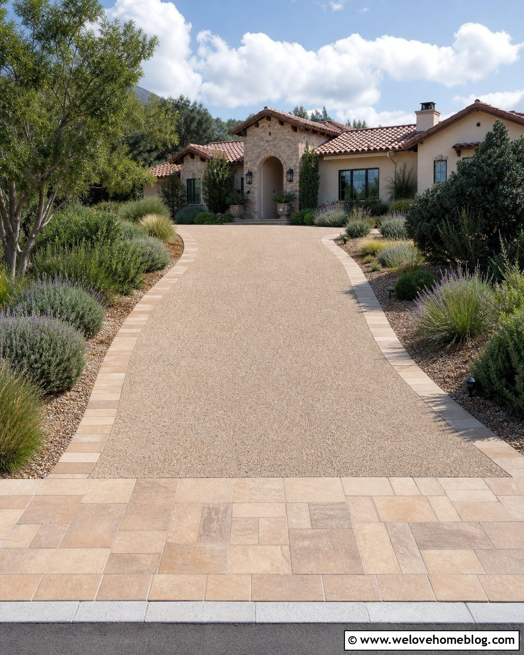 Exposed Aggregate Driveway With Sandstone Paver Edge - 20 Paver Edged Driveway Ideas