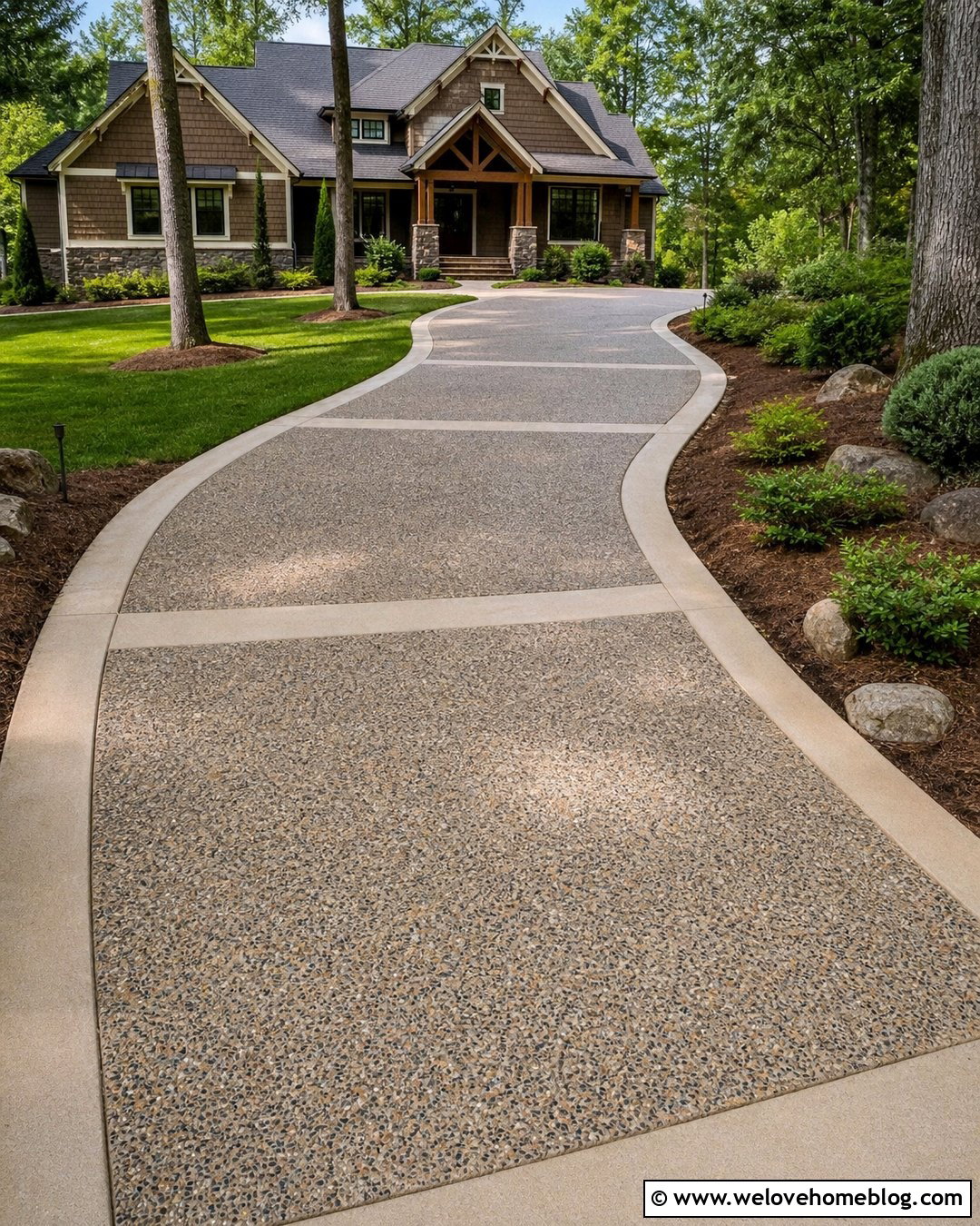 Exposed Aggregate Driveway With Smooth Concrete Frame - 20 Picture Frame Concrete Driveway Ideas