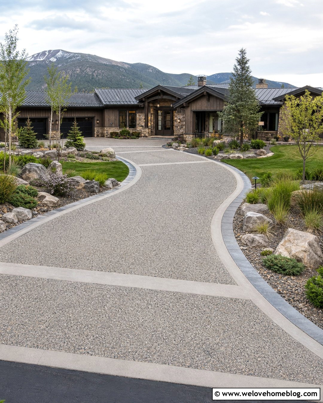 Exposed Aggregate Driveway With Stone Beds - 25 Driveway Curb Appeal Ideas