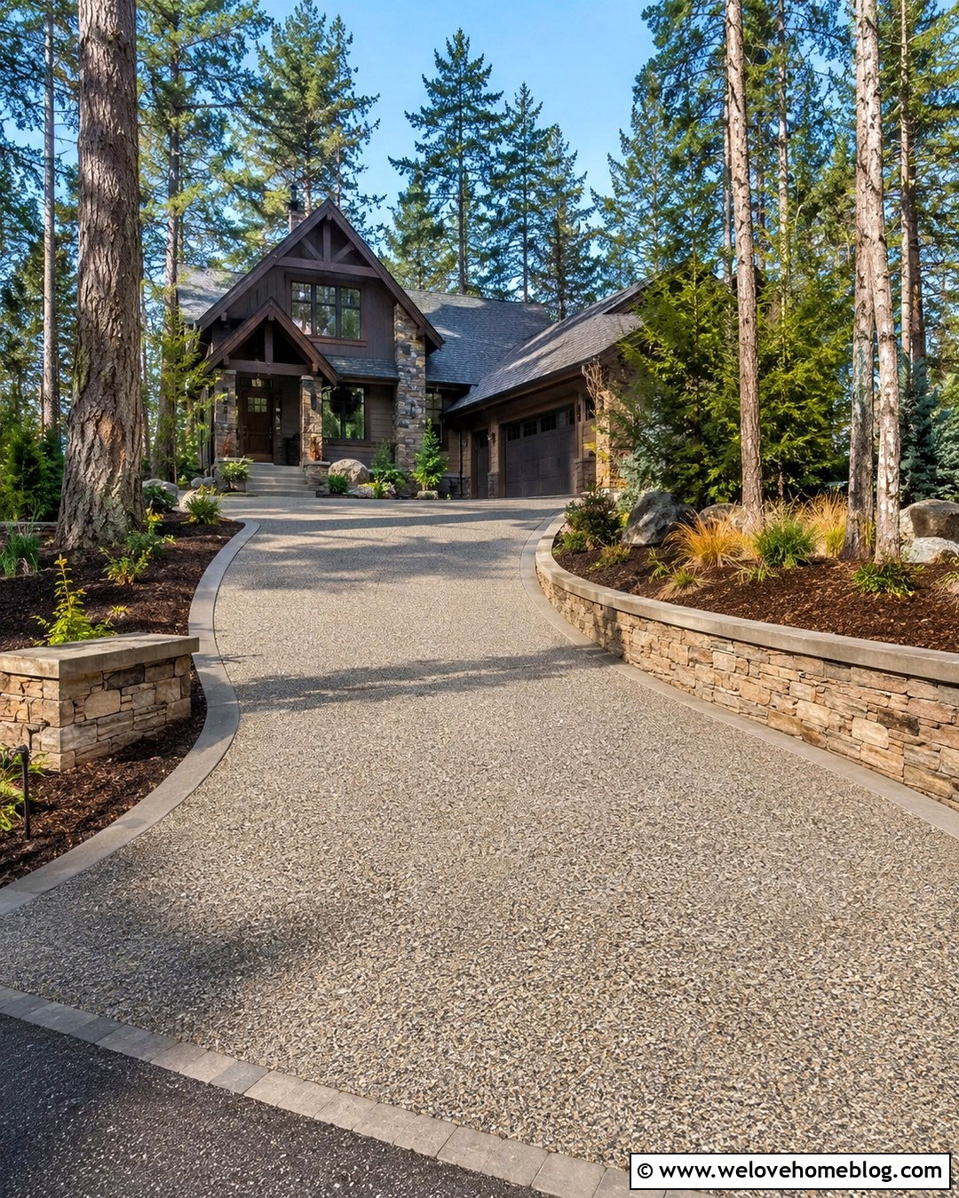 Exposed Aggregate Driveway With Stone Walls - 20 Dream House Driveway Ideas