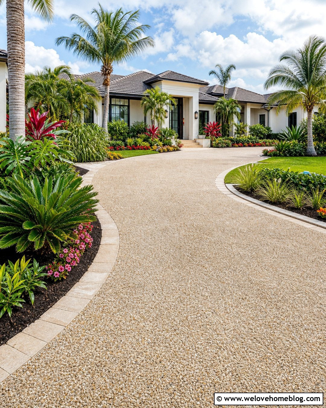 Exposed Aggregate Driveway With Tropical Landscaping - 25 Luxury Driveway Landscaping Ideas