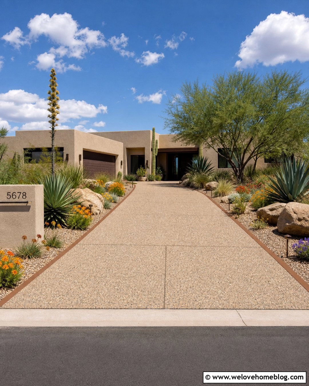 Exposed Aggregate Driveway With Xeriscape Planting - 20 landscape for driveway entrance ideas