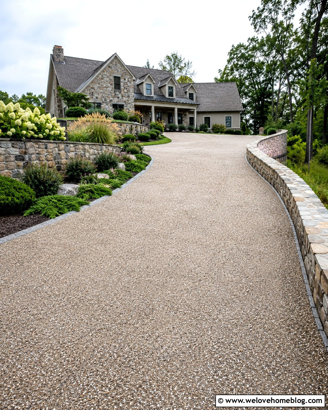 Exposed Aggregate Farmhouse Long Driveway With Stone Walls - 20 Farmhouse Long Driveway Ideas